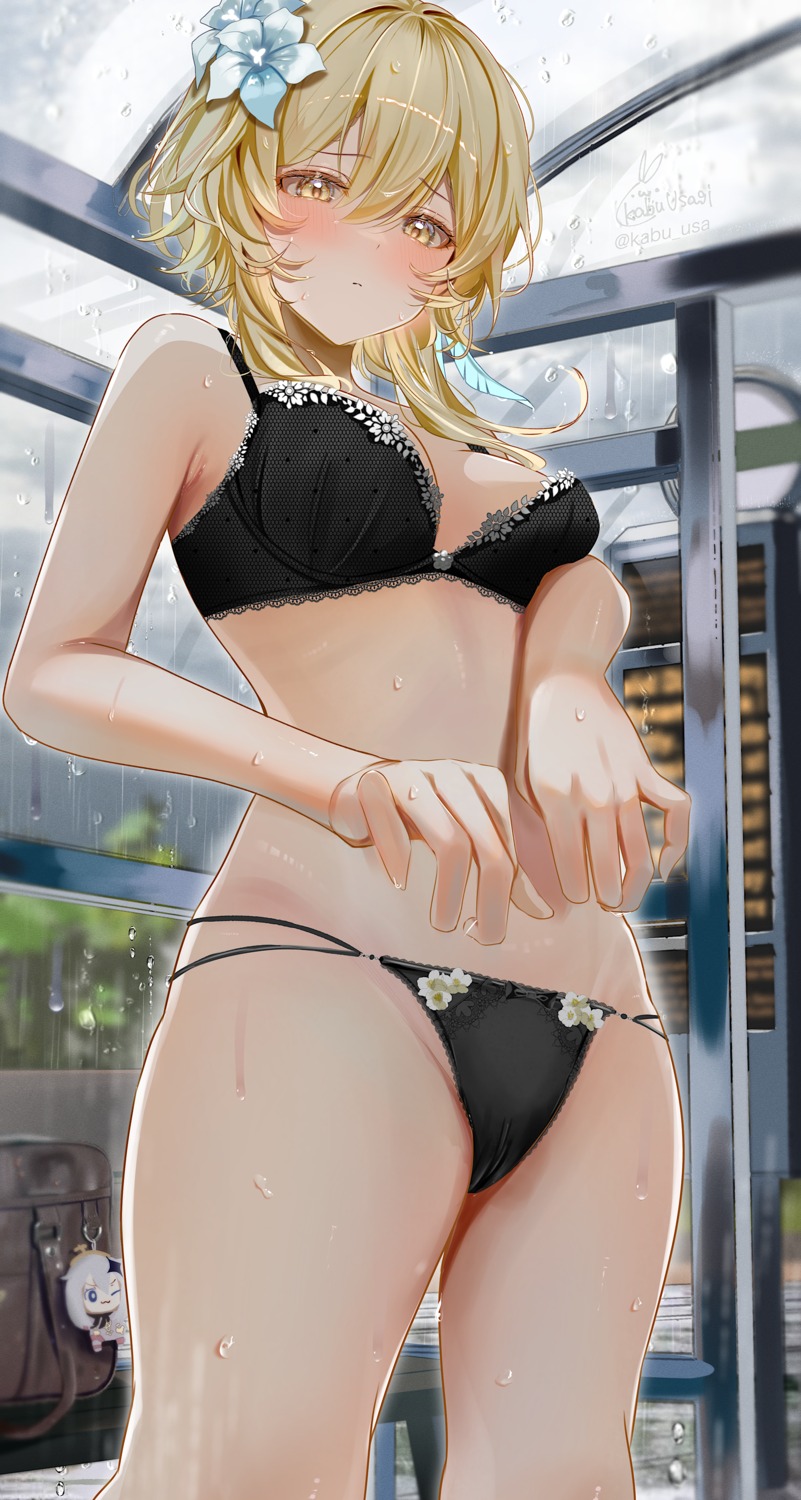 bra cameltoe chibi genshin_impact kabu_usagi lumine paimon pantsu thong wet