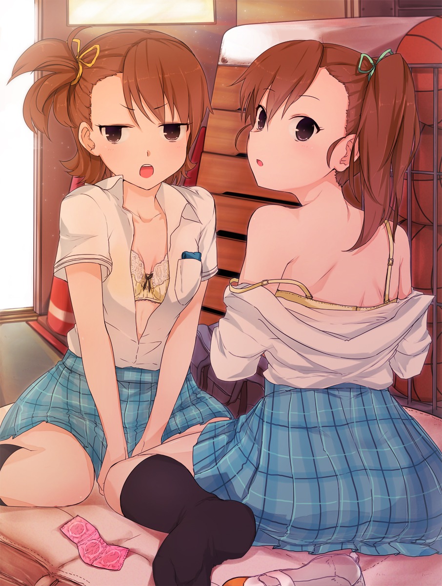 bra futami_ami futami_mami minazuki_randoseru seifuku the_idolm@ster undressing