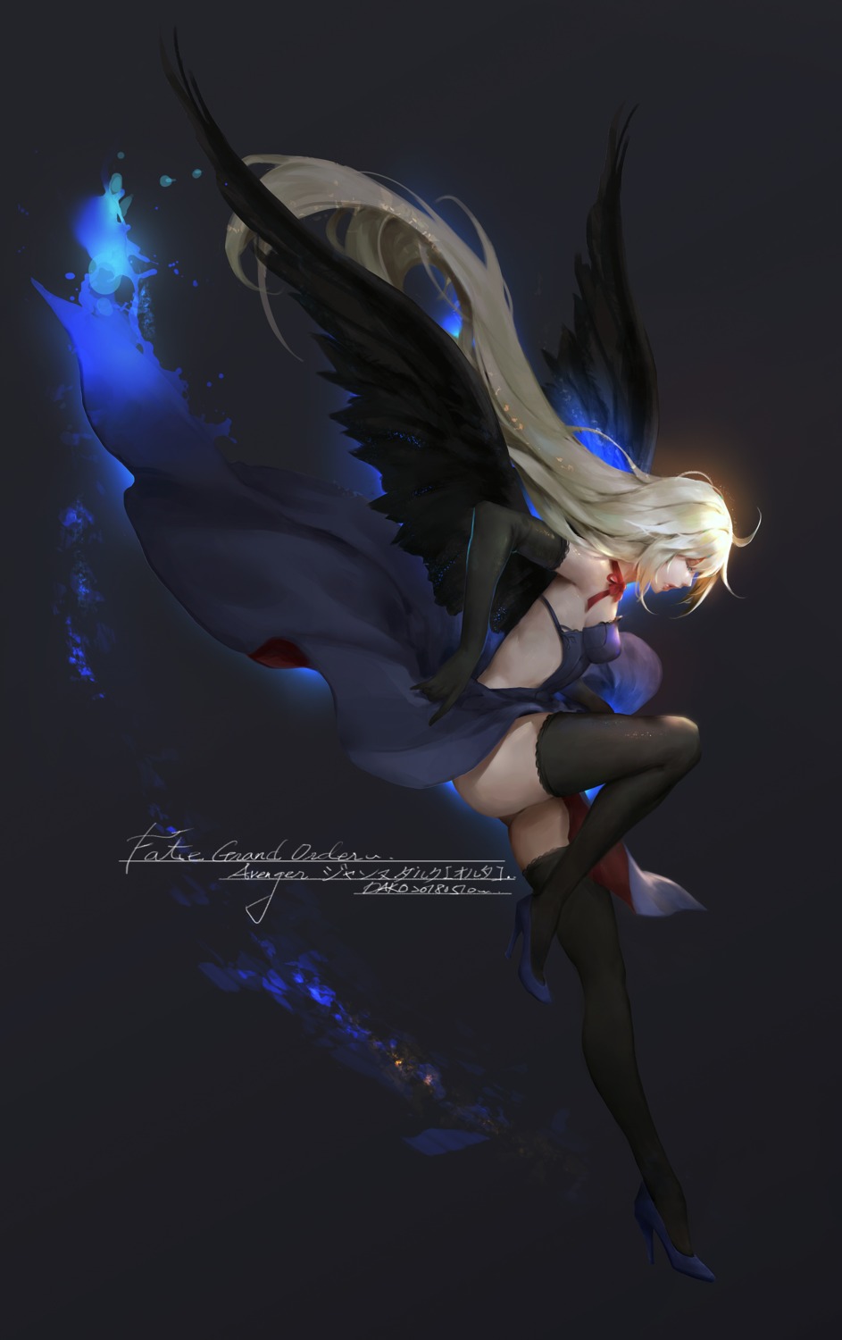 dress fate/grand_order heels hu_dako jeanne_d'arc jeanne_d'arc_(alter)_(fate) no_bra skirt_lift thighhighs wings