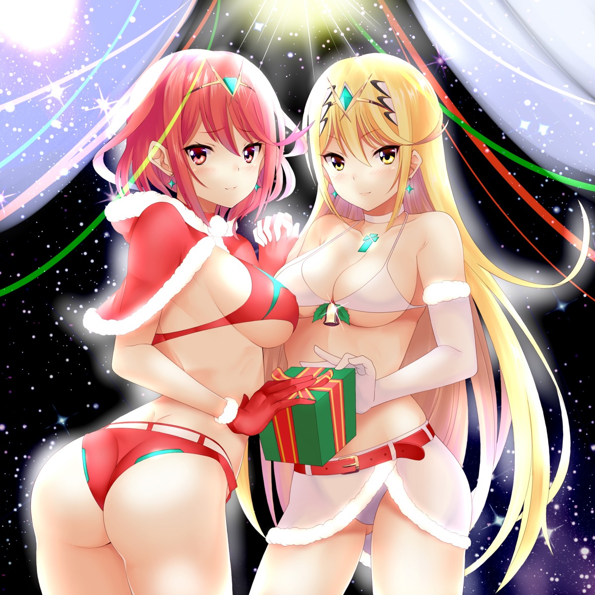 ass bikini christmas daive erect_nipples hikari_(xenoblade_2) homura_(xenoblade_2) swimsuits thong xenoblade xenoblade_chronicles_2