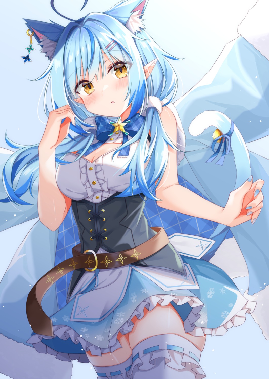 animal_ears divergenceok elf hololive nekomimi pointy_ears skirt_lift tail thighhighs yukihana_lamy