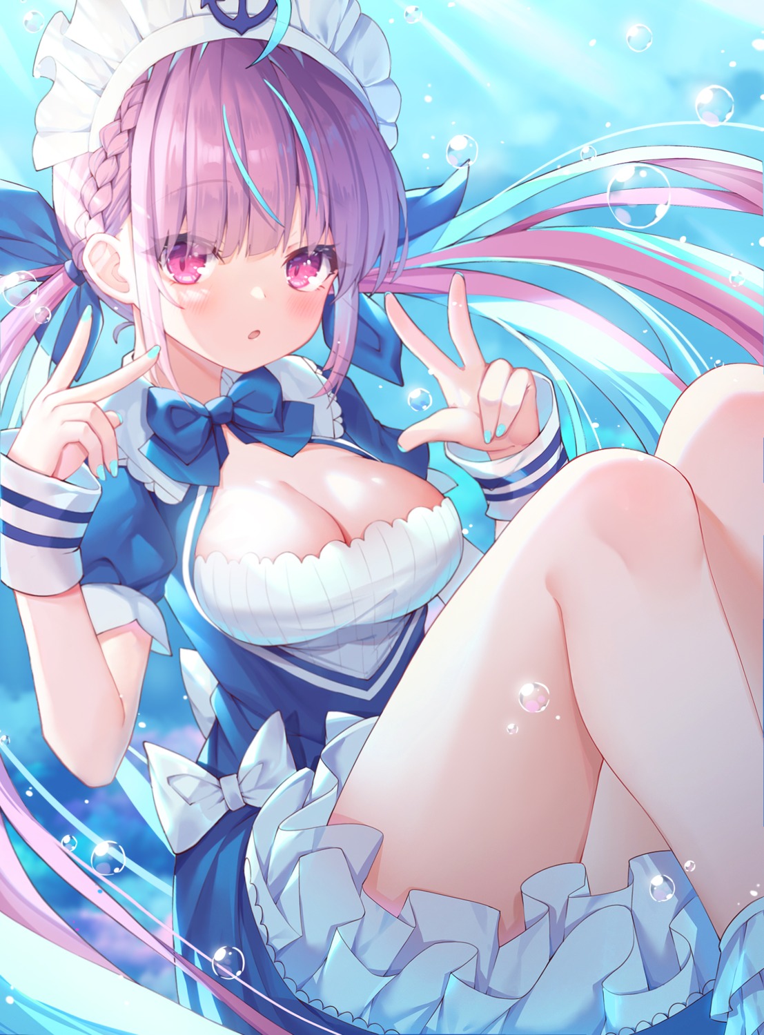 cleavage hitokuchii hololive maid minato_aqua skirt_lift