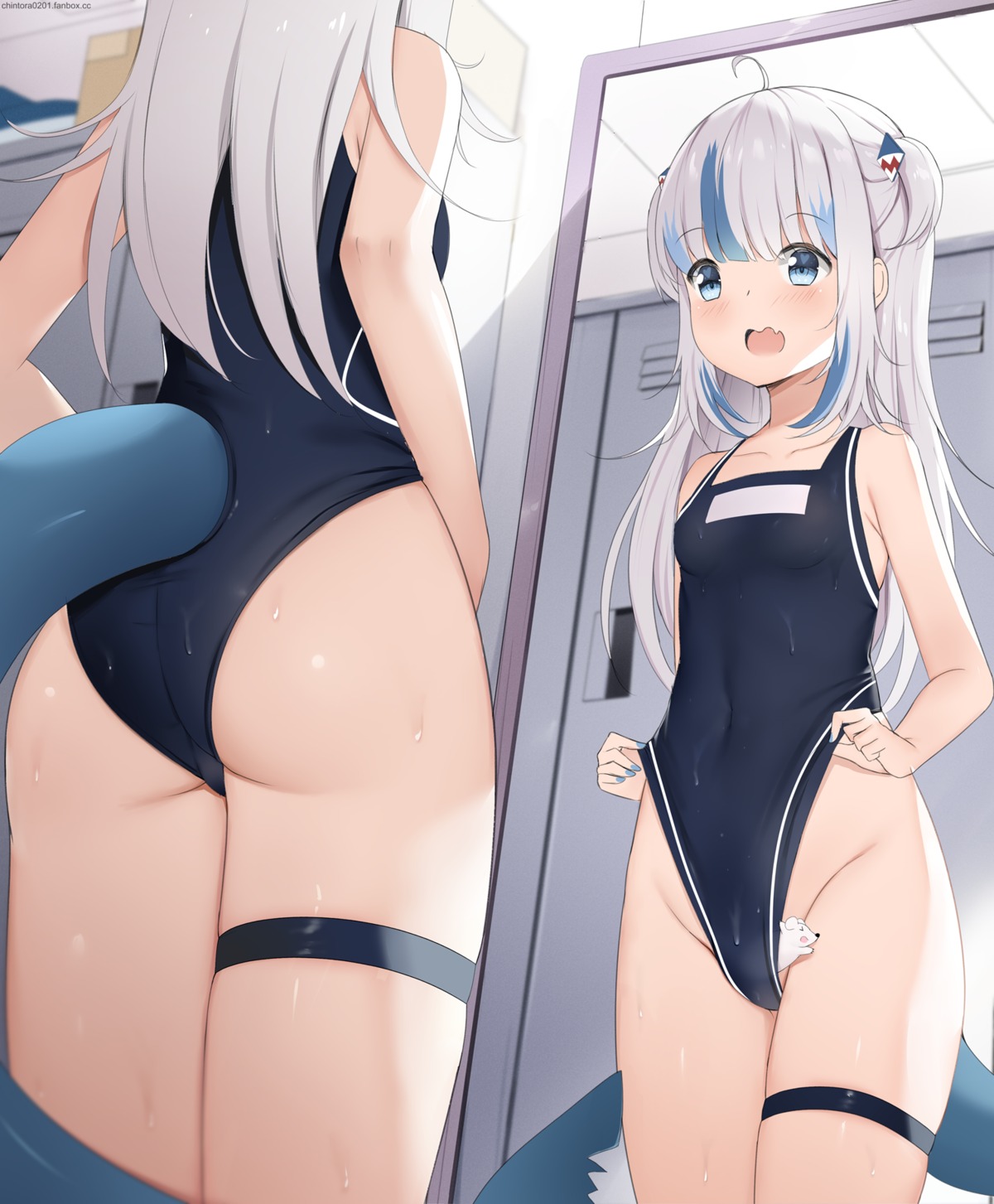 ass chintora0201 garter gawr_gura hololive hololive_english loli school_swimsuit swimsuits tail wet wet_clothes