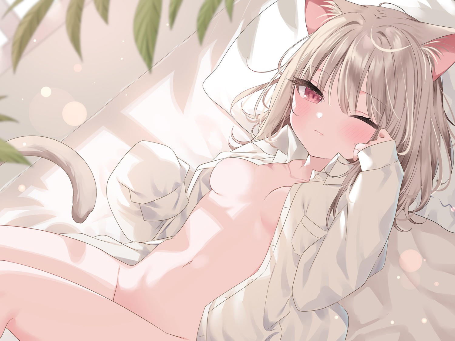 animal_ears bottomless breasts dress_shirt mafuyu_(chibi21) nekomimi no_bra open_shirt tail