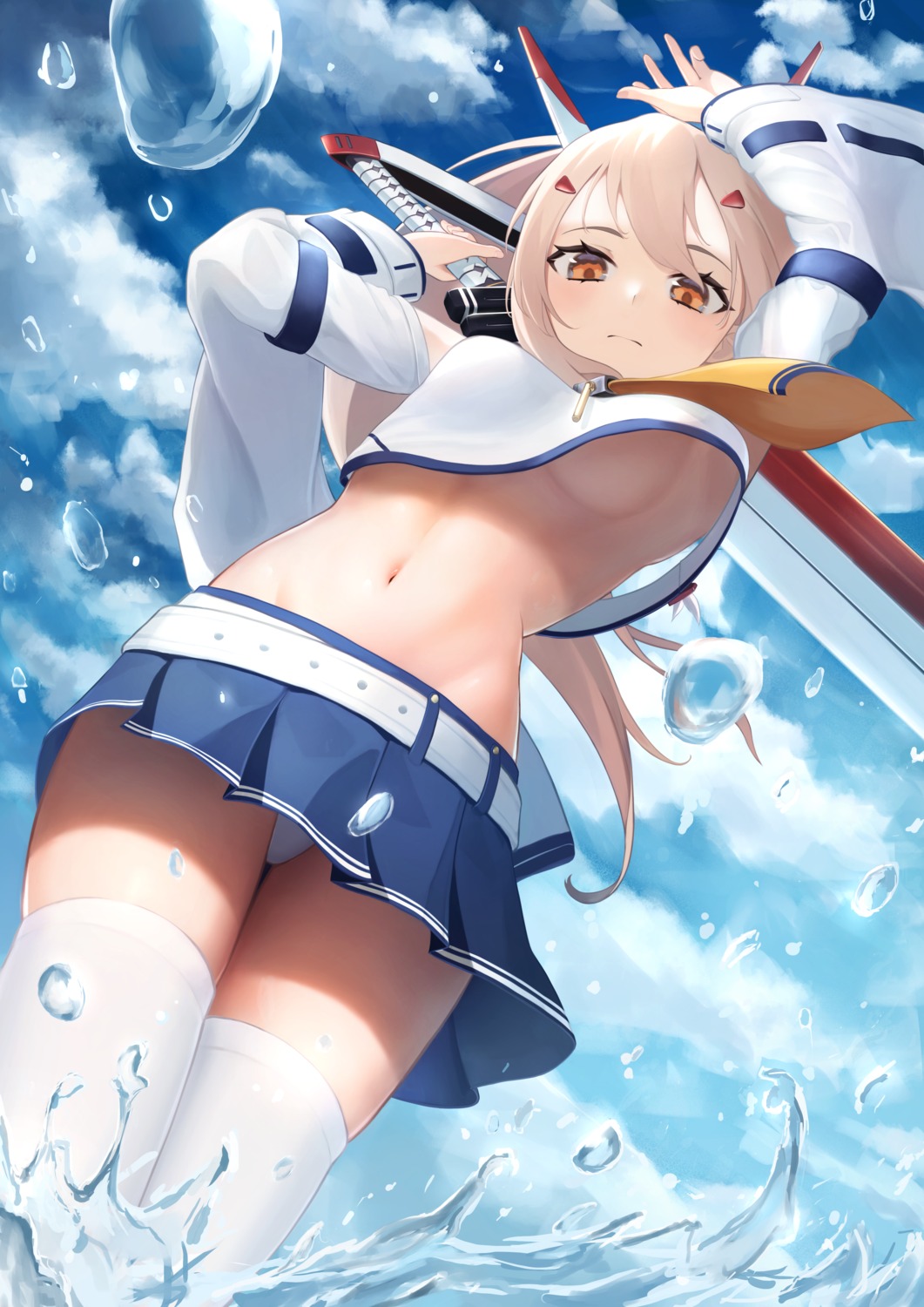 ayanami_(azur_lane) azur_lane no_bra pantsu seifuku shirt_lift sword thighhighs wet yatarime