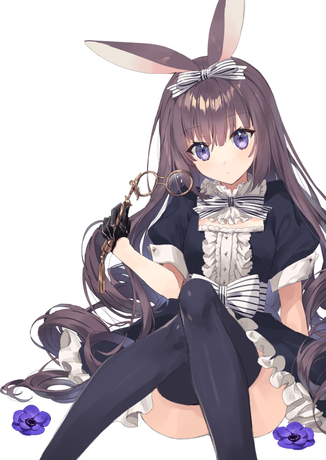 animal_ears bunny_ears dress gothic_lolita lolita_fashion megane skirt_lift thighhighs yusano