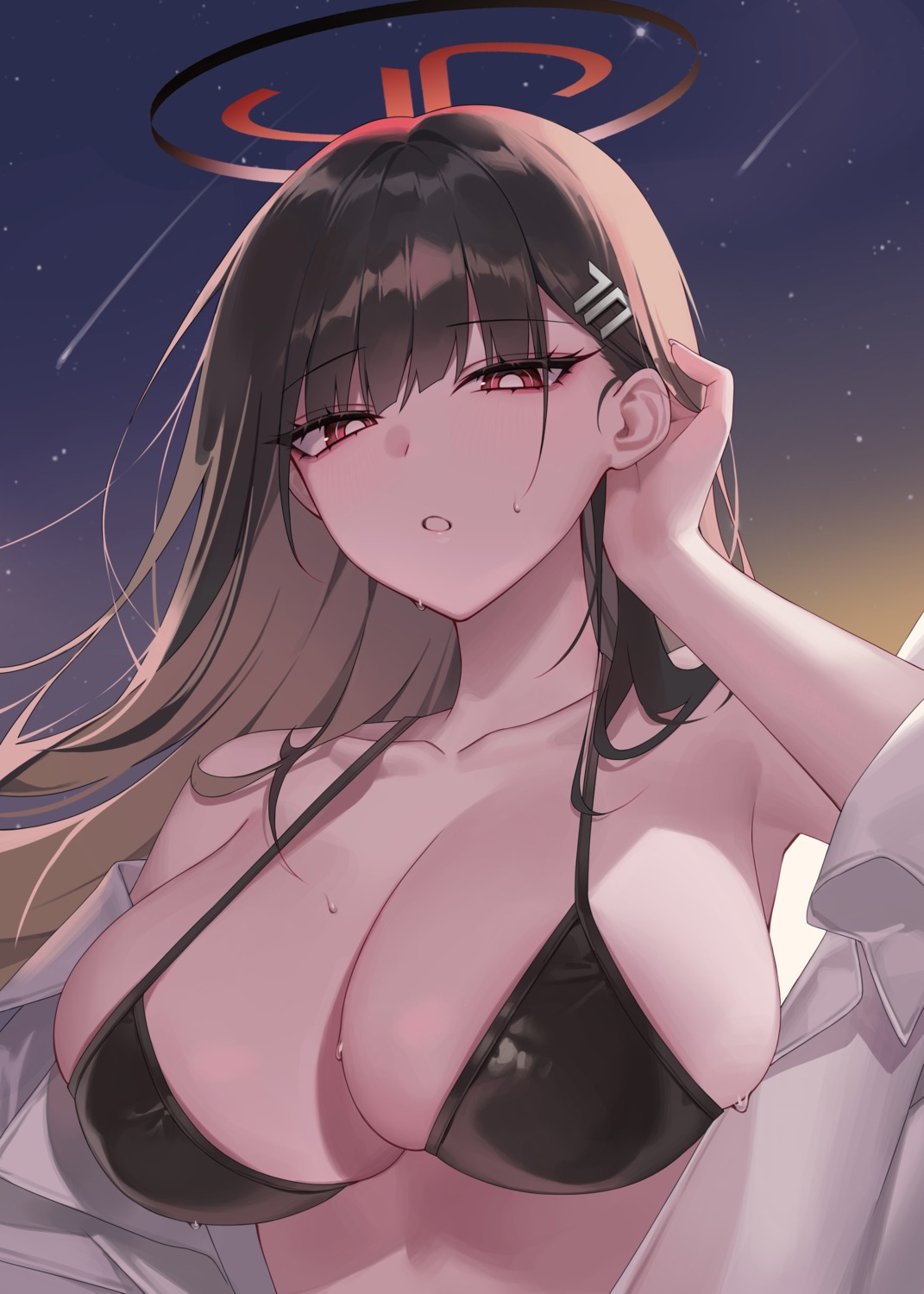 bikini_top blue_archive dress_shirt halo open_shirt raki_kr swimsuits tsukatsuki_rio wet