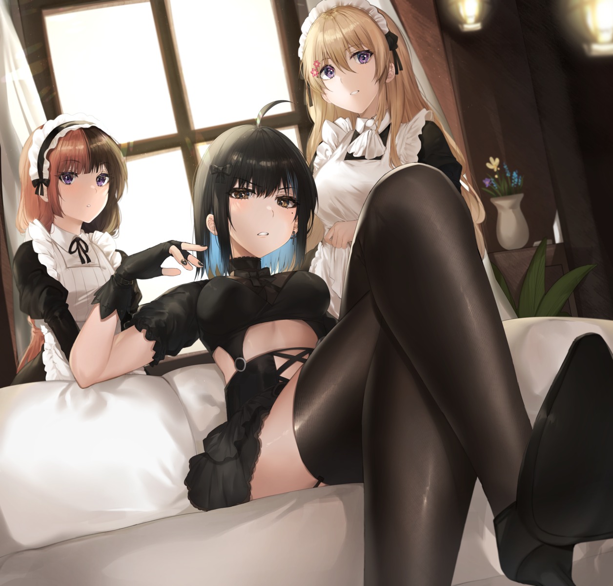 heels irene_(kanniiepan) kanniiepan maid skirt_lift stockings thighhighs