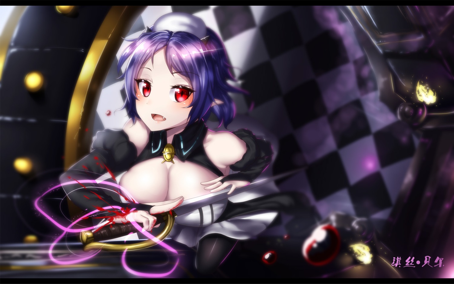 blood chess_belle cleavage dress hk_(hk) horns owari_no_seraph pantyhose sword