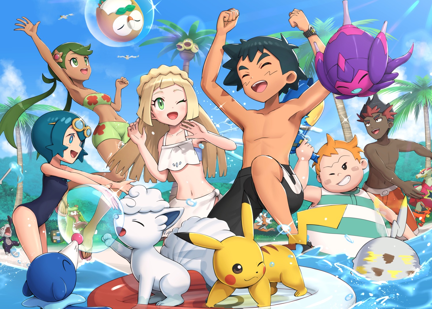 alolan_vulpix bikini gonzarez kaki_(pokemon) lillie_(pokemon) maamane_(pokemon) mao_(pokemon) megane pikachu pokemon pokemon_sm pokemon_usum popplio rowlet satoshi_(pokemon) suiren_(pokemon) swimsuits tsareena