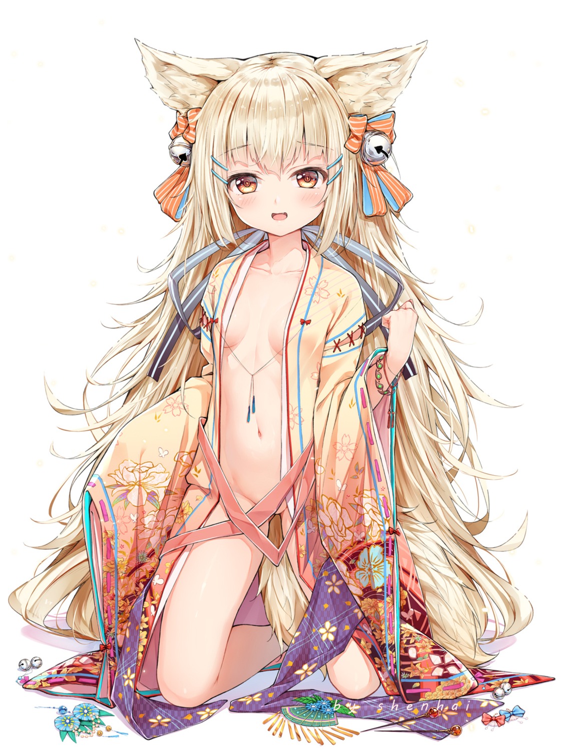 animal_ears kimono loli no_bra nopan open_shirt shenhai_(2556146833) tail