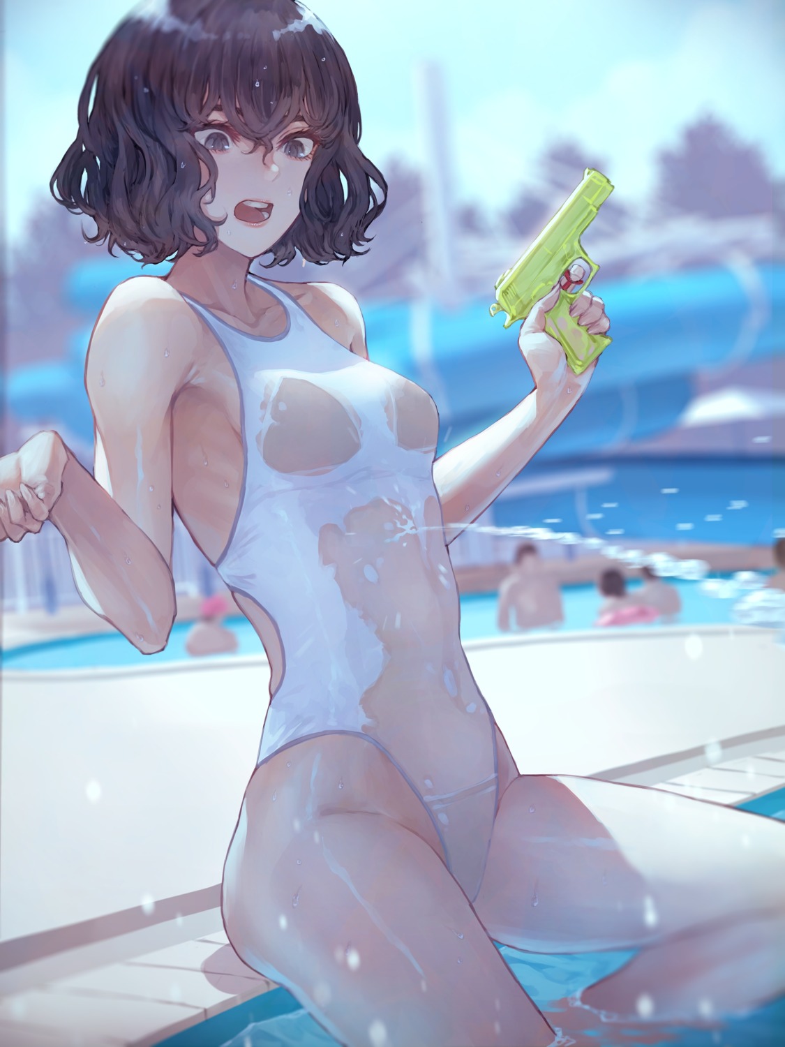 gun kaoming nanjou_ao see_through swimsuits wet wet_clothes