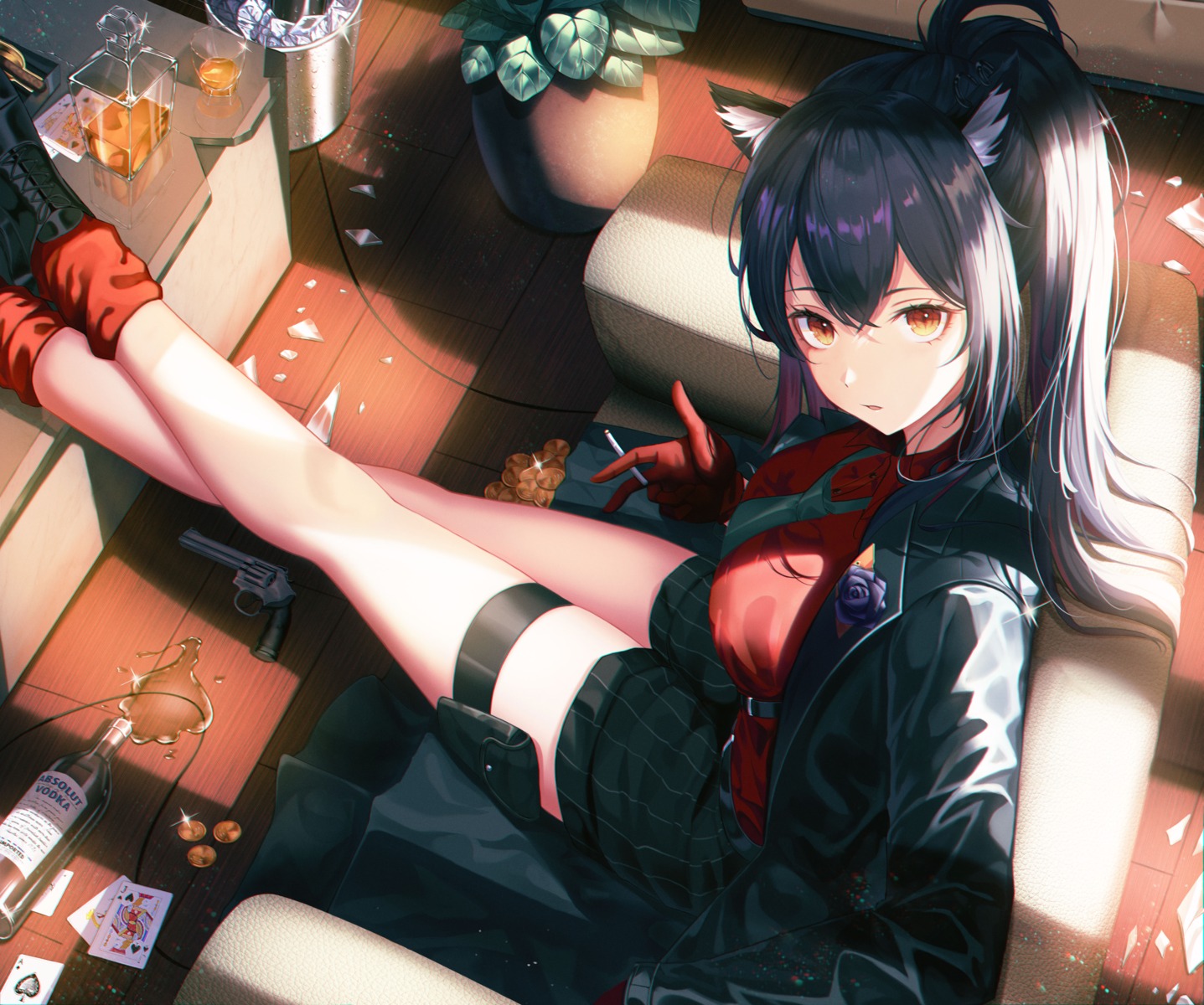 animal_ears arknights business_suit fall_(aki) garter smoking texas_(arknights)