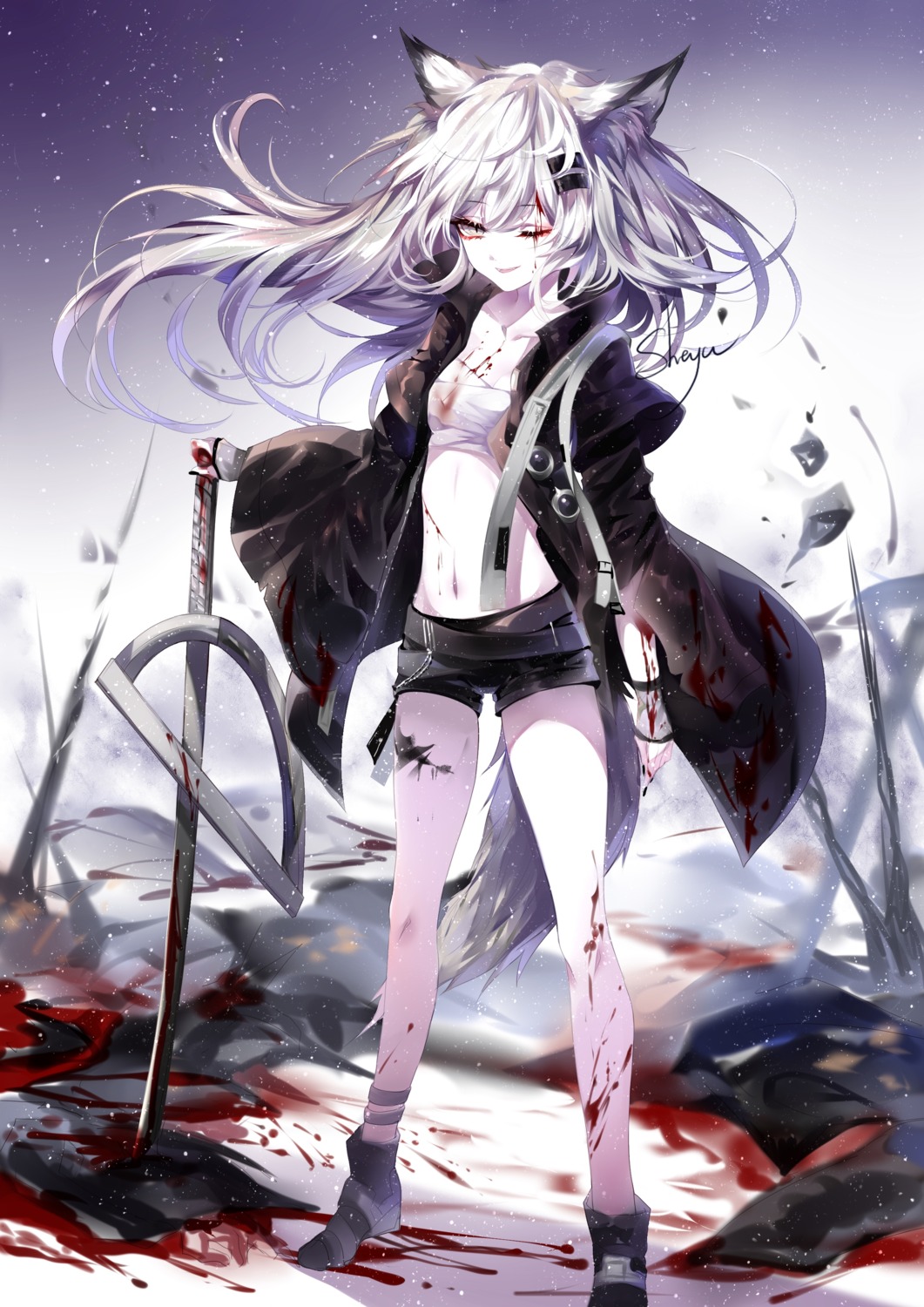 animal_ears arknights blood lappland_(arknights) open_shirt sarashi sheya sword tail