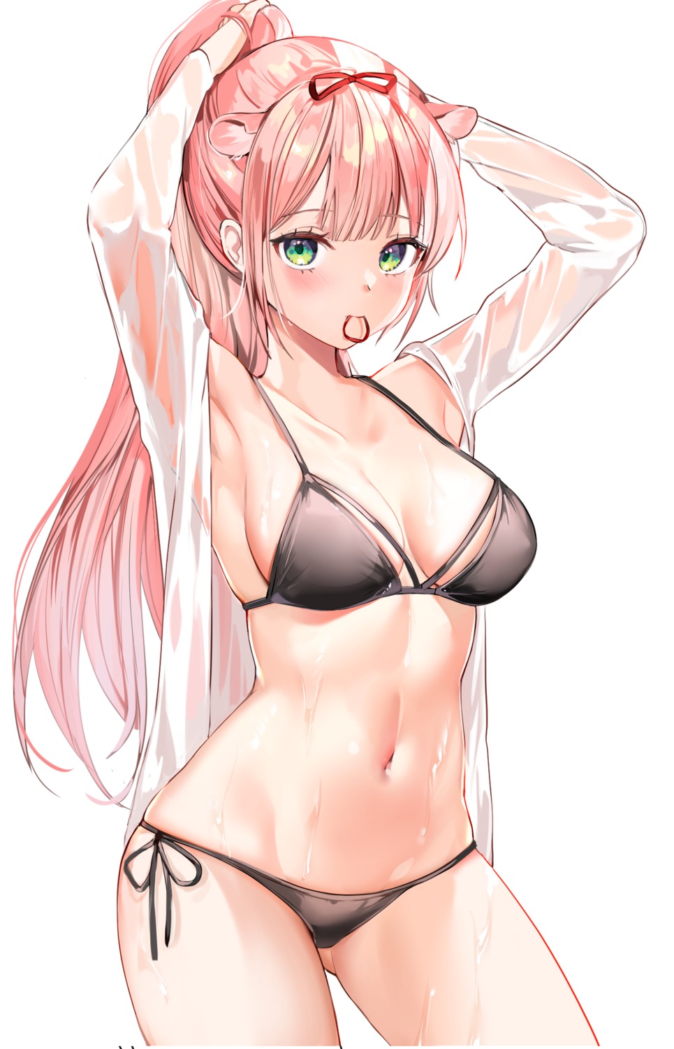 animal_ears bikini lillly open_shirt see_through swimsuits wet wet_clothes