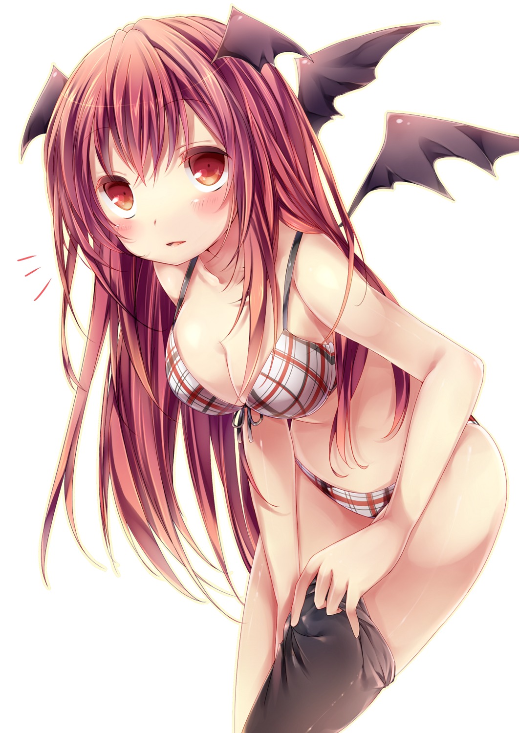 bra cleavage koakuma komeshiro_kasu pantsu thighhighs touhou undressing wings