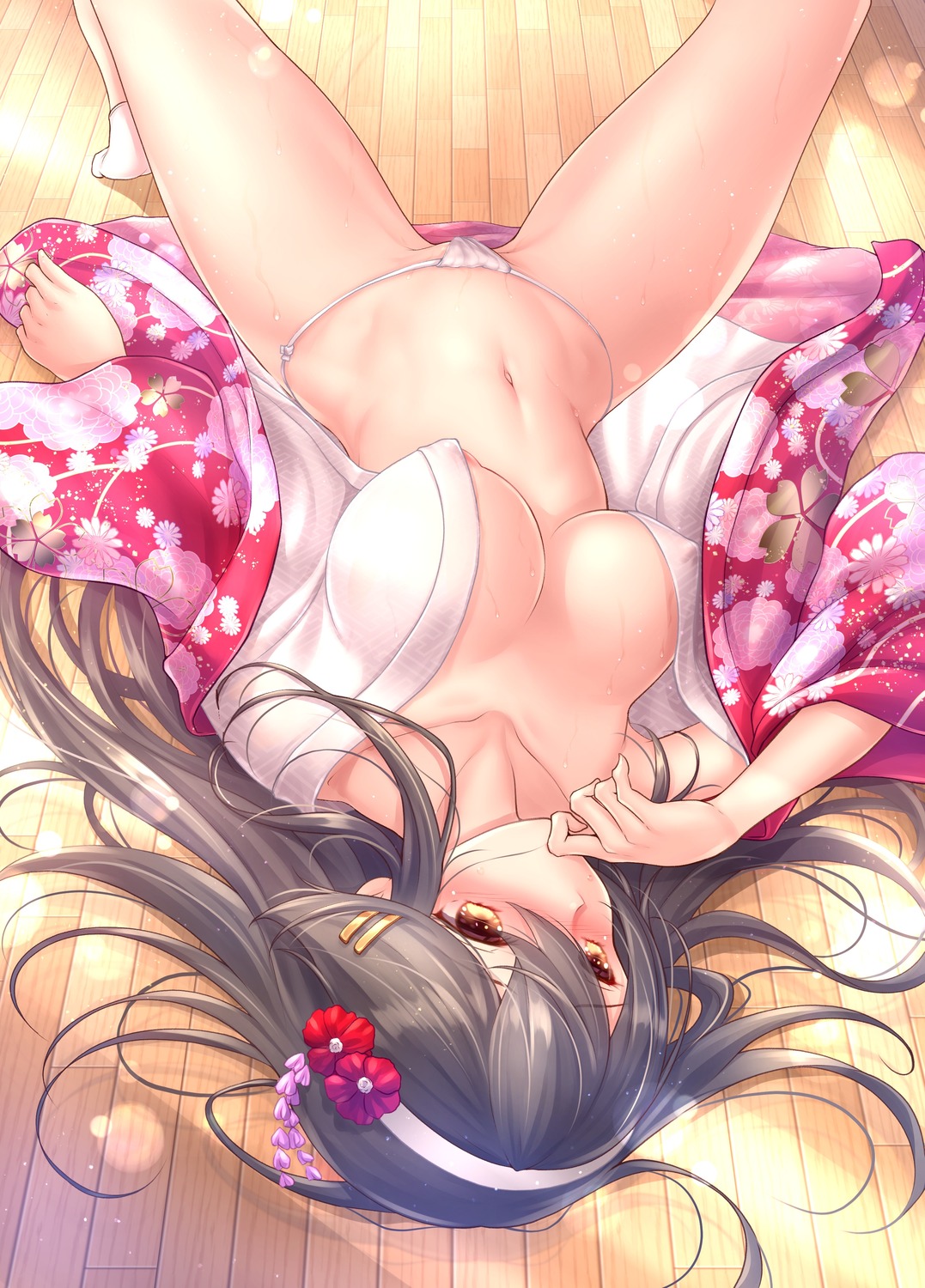 areola erect_nipples fundoshi haruna_(kancolle) kantai_collection kimono open_shirt ryu-akt see_through thong wet