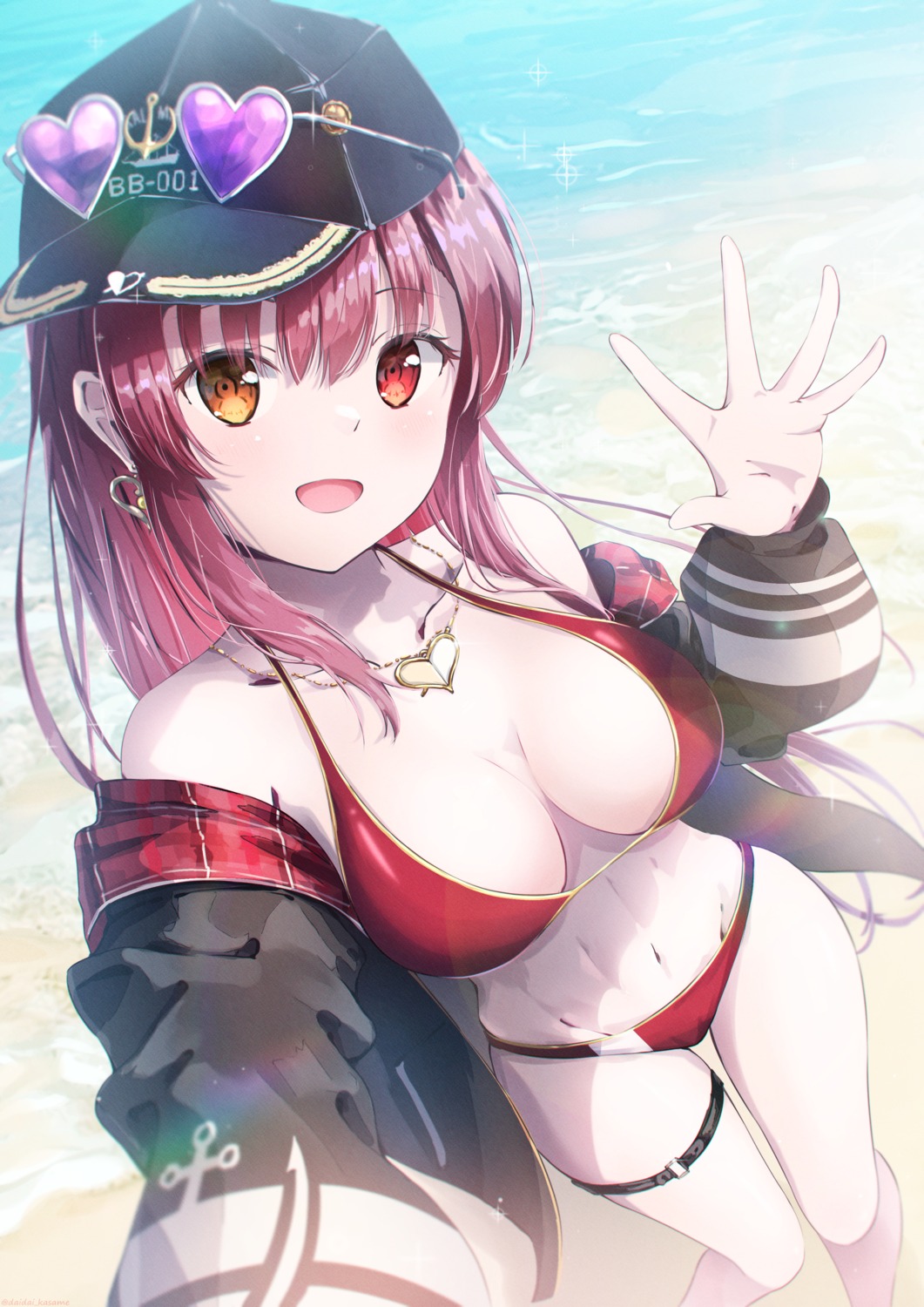 bikini daidai_(daidai826) garter heterochromia hololive houshou_marine megane open_shirt selfie swimsuits