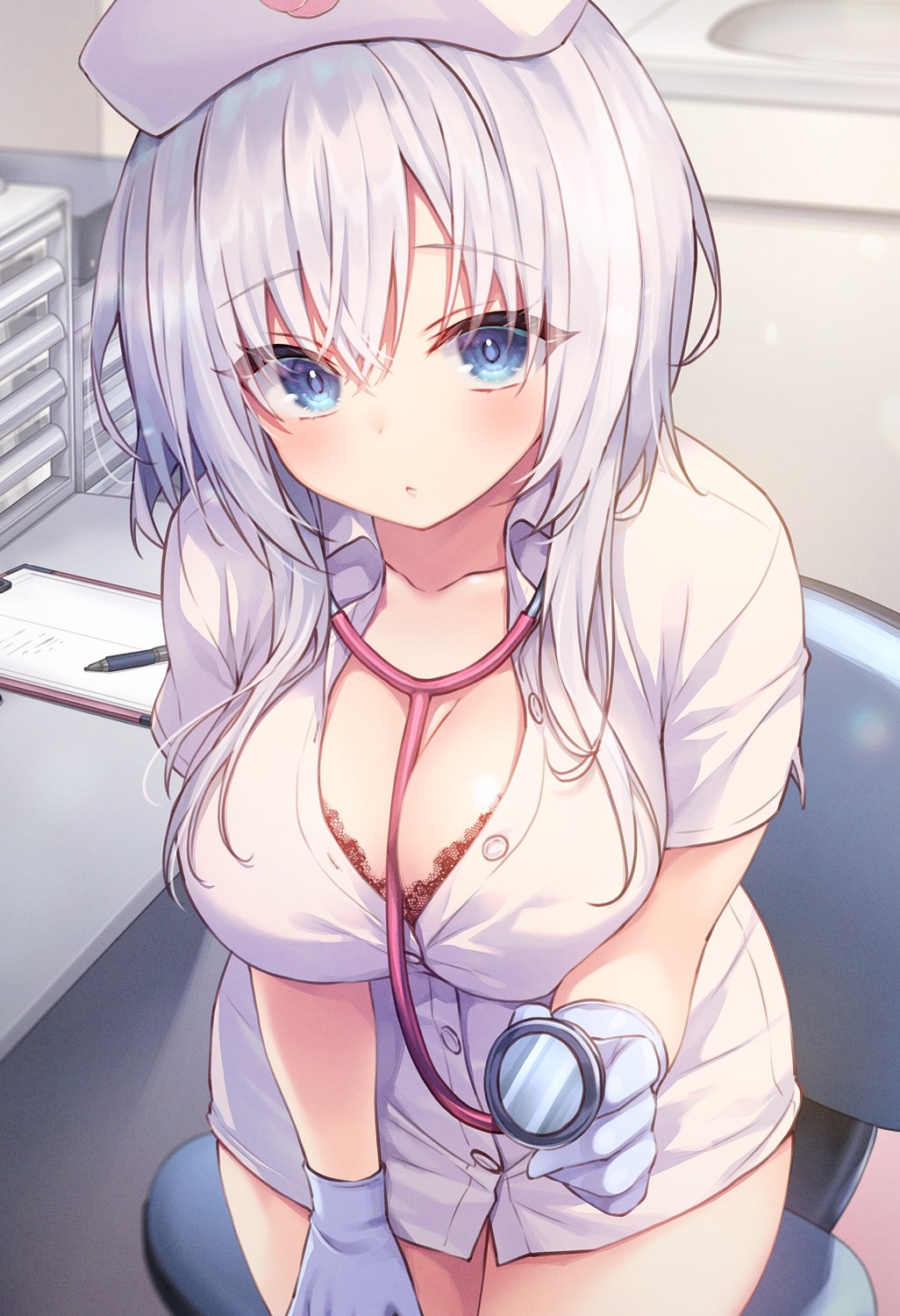 bra cleavage himeji_shirayuki konomi liar_liar nurse open_shirt