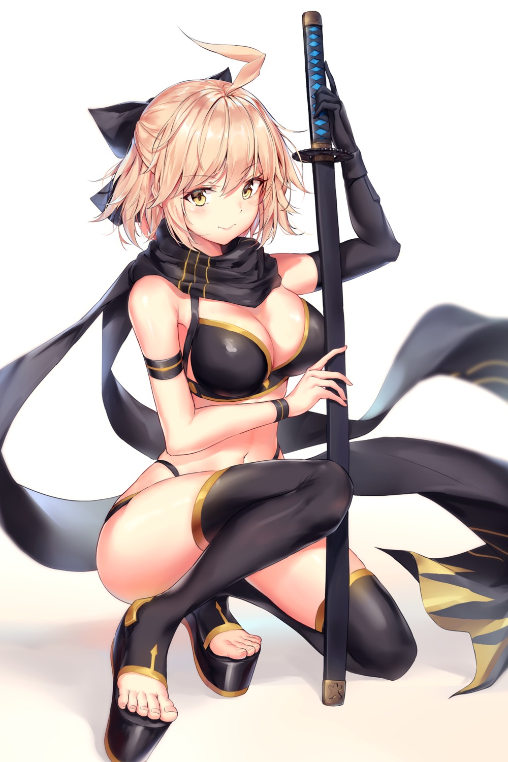 bikini cleavage fate/grand_order okita_souji_(fate) pdxen swimsuits sword thighhighs