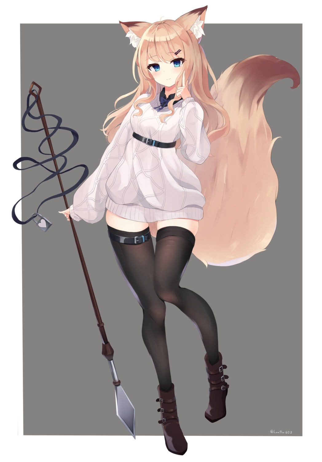 animal_ears dress garter kitsune mizu_(lzzrwi603) sweater tail thighhighs weapon