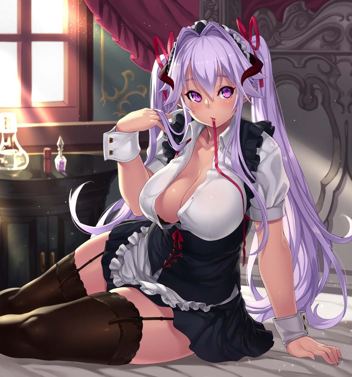 bra cleavage horns houtengeki maid open_shirt pointy_ears stockings thighhighs