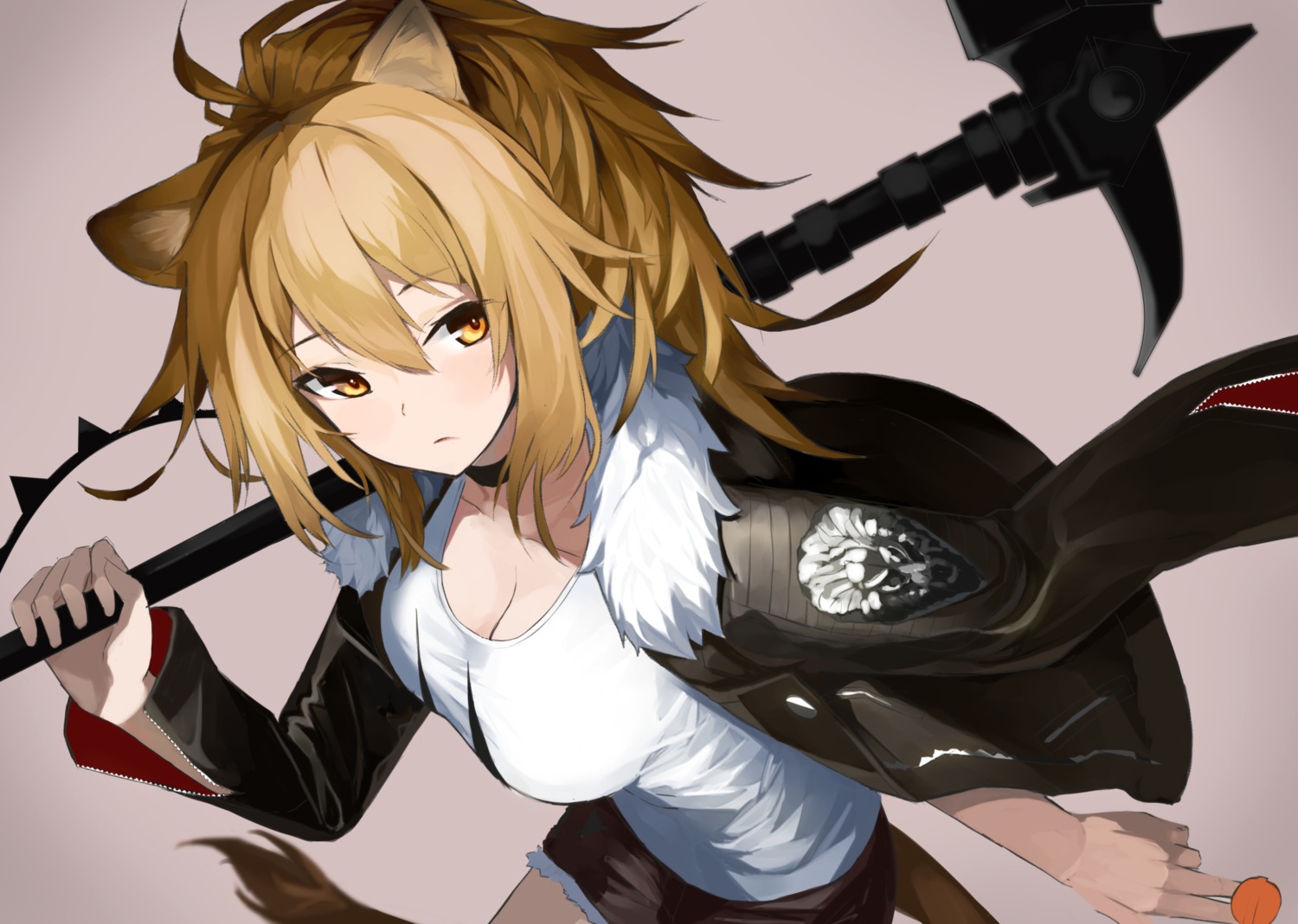 animal_ears arknights cleavage onkyi siege_(arknights) tail weapon