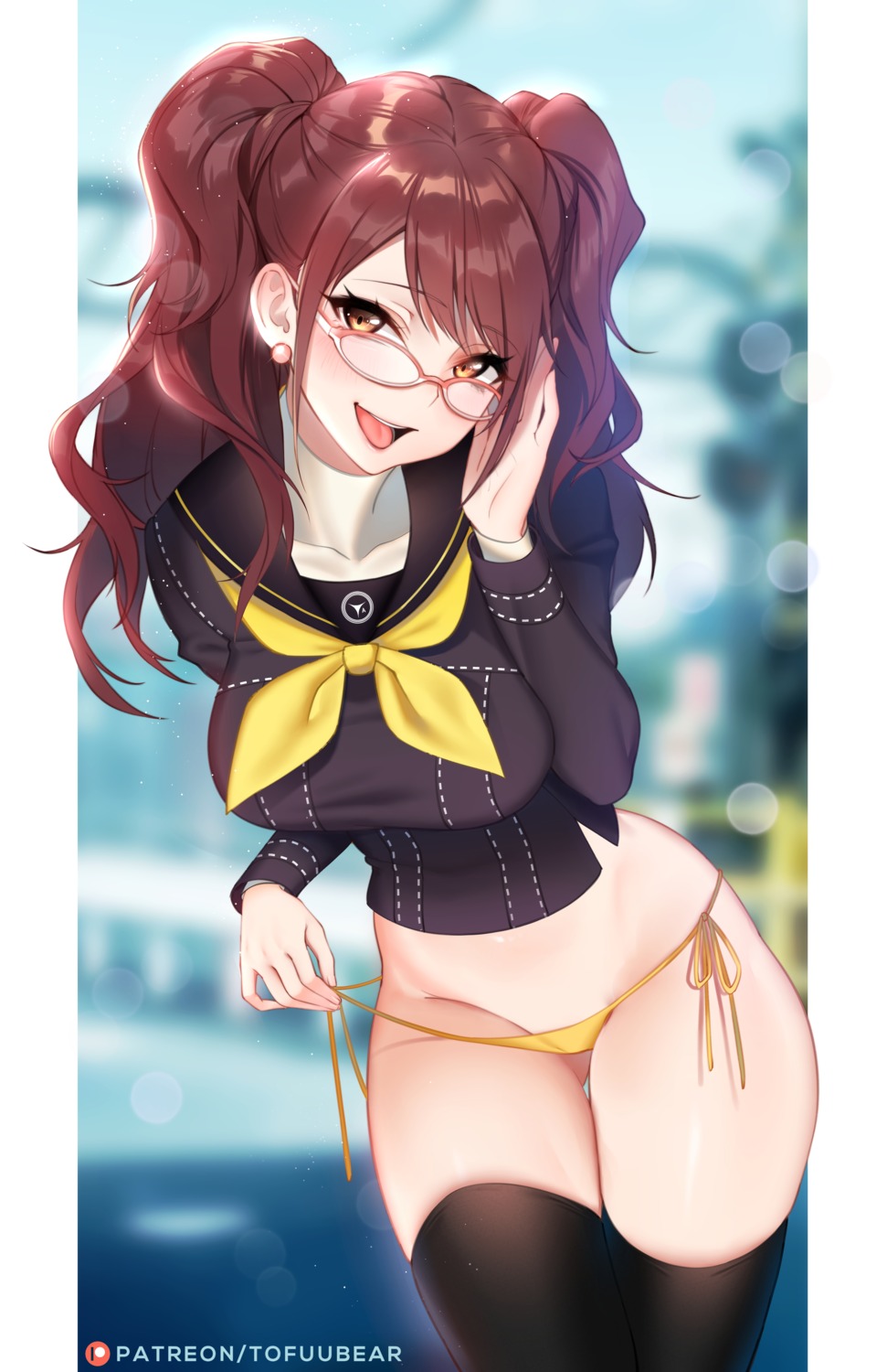 kujikawa_rise megane megaten pantsu panty_pull persona persona_4 seifuku string_panties thighhighs tofuubear undressing