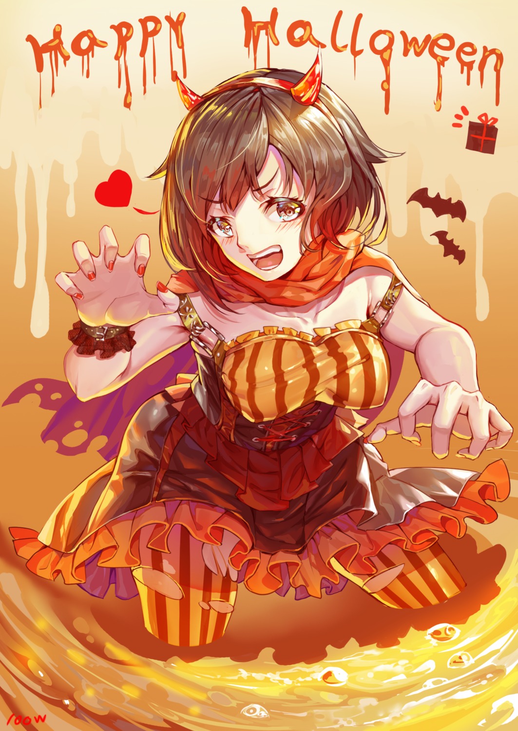 halloween horns pantyhose ruby_rose rwby skirt_lift torn_clothes wangxiii wet