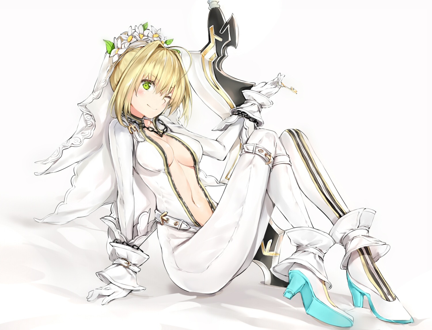 bodysuit fate/extra fate/extra_ccc fate/grand_order fate/stay_night heels no_bra open_shirt saber_bride saber_extra silver_(chenwen) sword