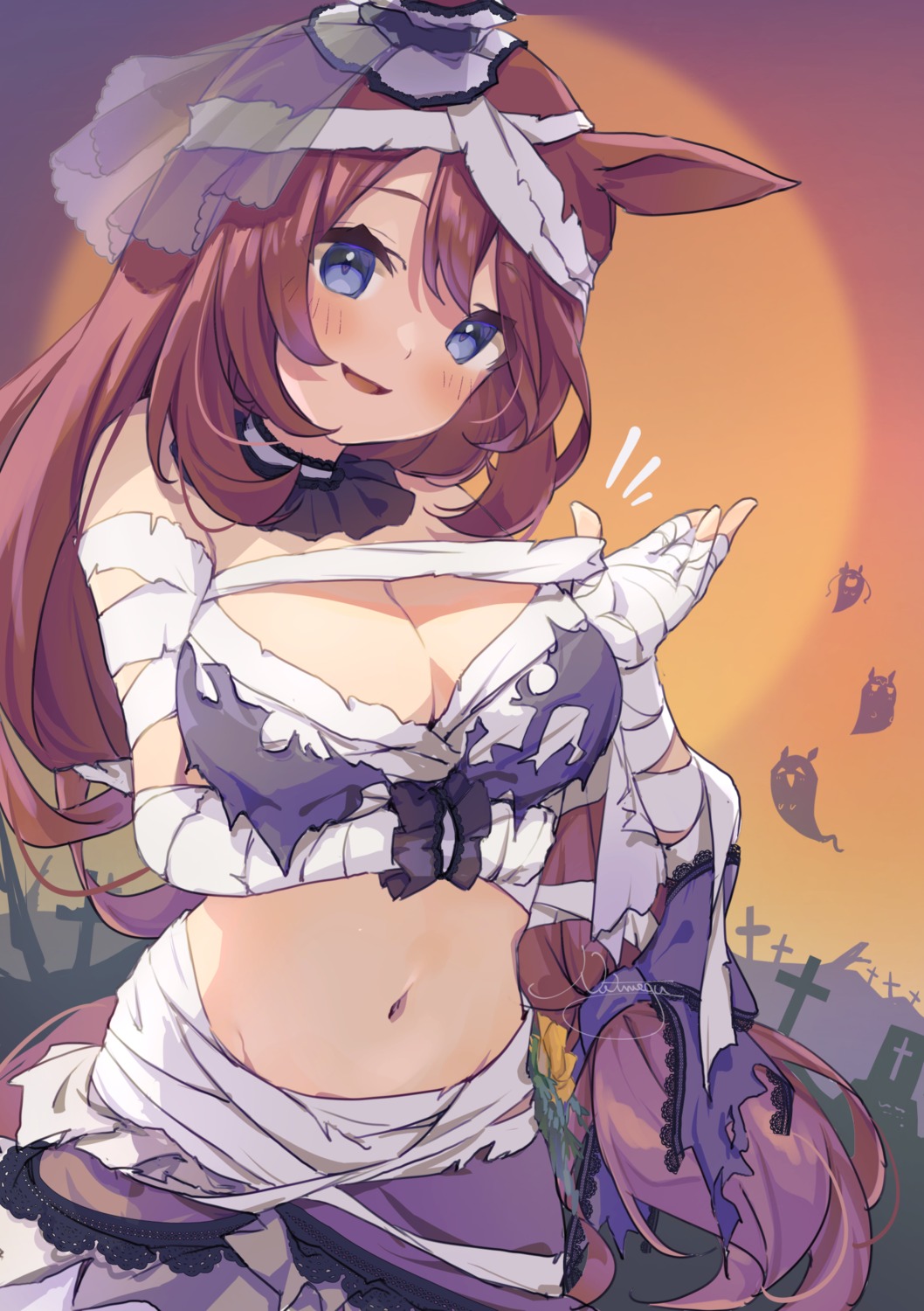 animal_ears bandages halloween no_bra nut_megu super_creek_(umamusume) tail torn_clothes uma_musume_pretty_derby