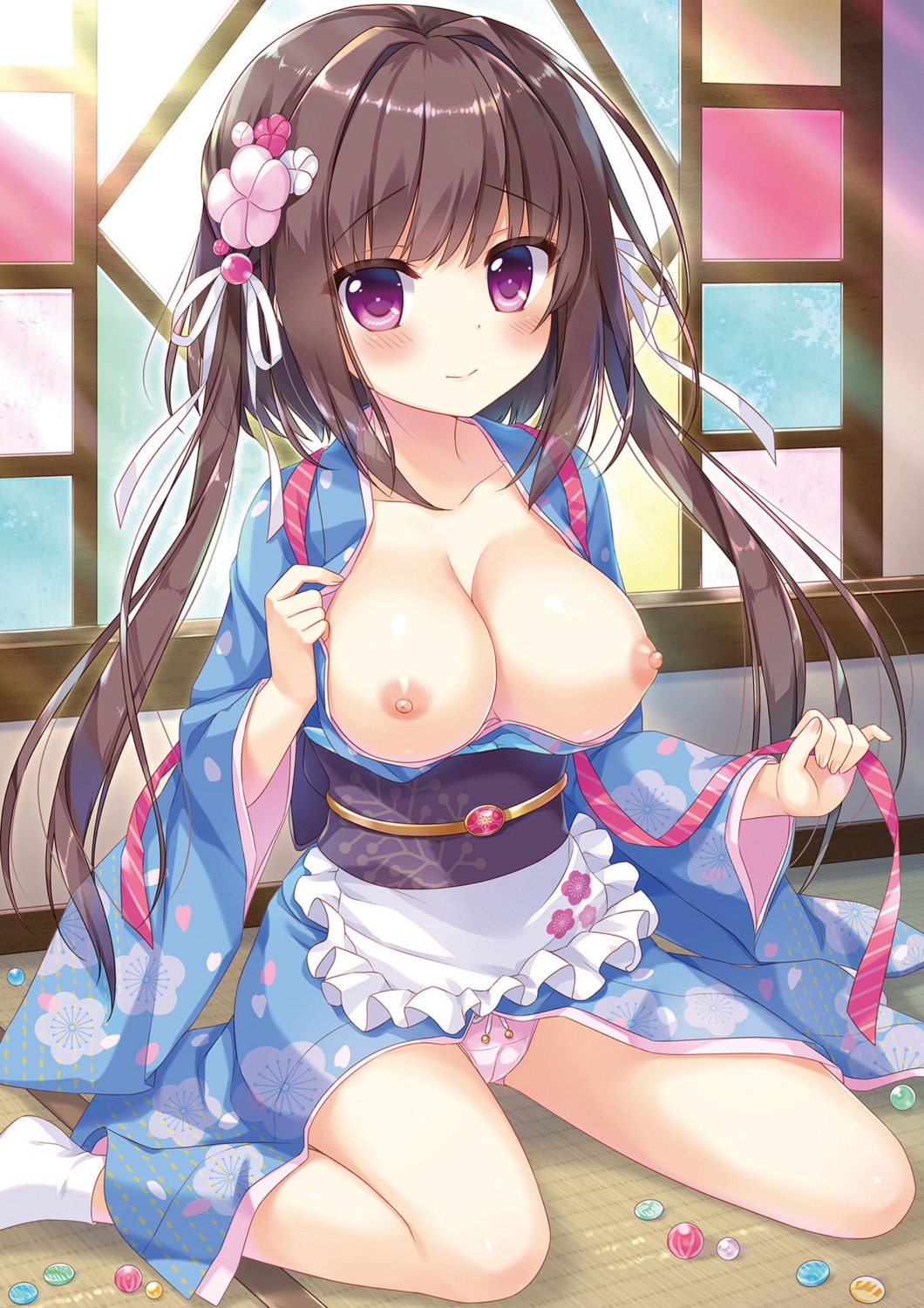 ameto_yuki japanese_clothes nipples no_bra open_shirt pantsu