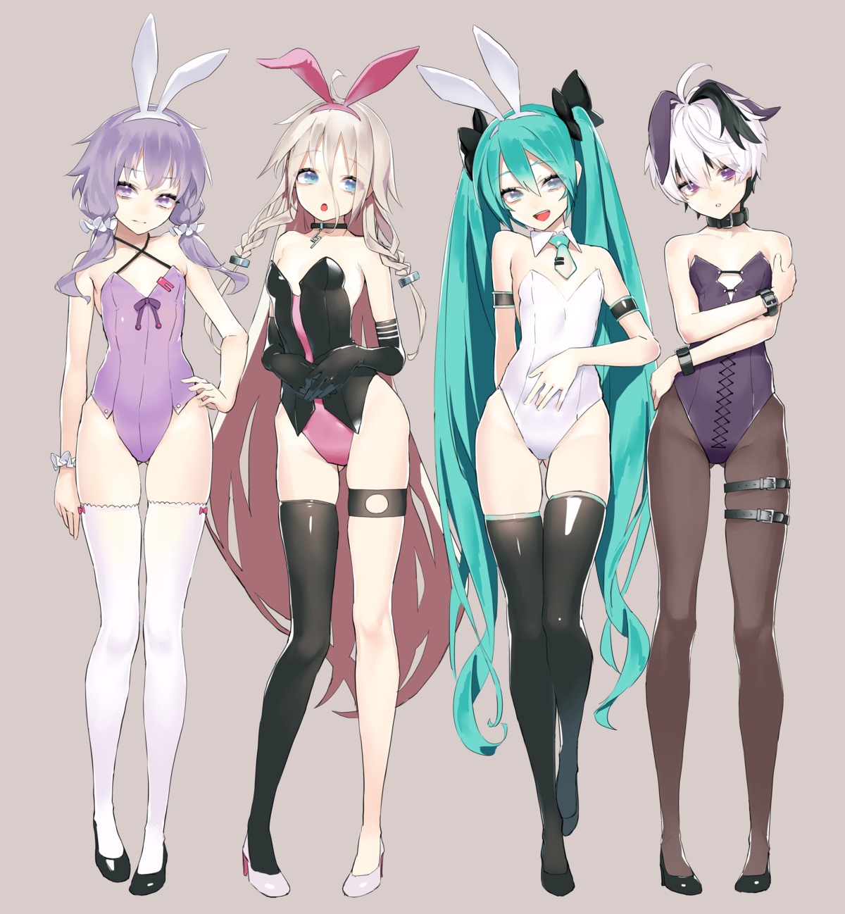 animal_ears bunny_ears bunny_girl flower_(vocaloid) garter hatsune_miku heels ia_(vocaloid) no_bra pantyhose rsk_(tbhono) thighhighs vocaloid voiceroid yuzuki_yukari