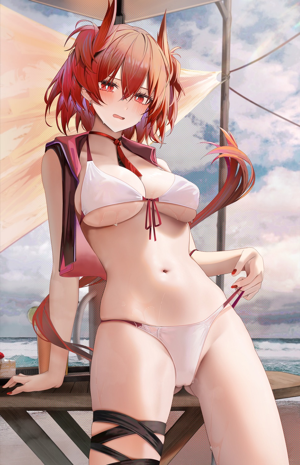 animal_ears arknights bikini cameltoe fiammetta_(arknights) ru_zhai swimsuits tail thong wet