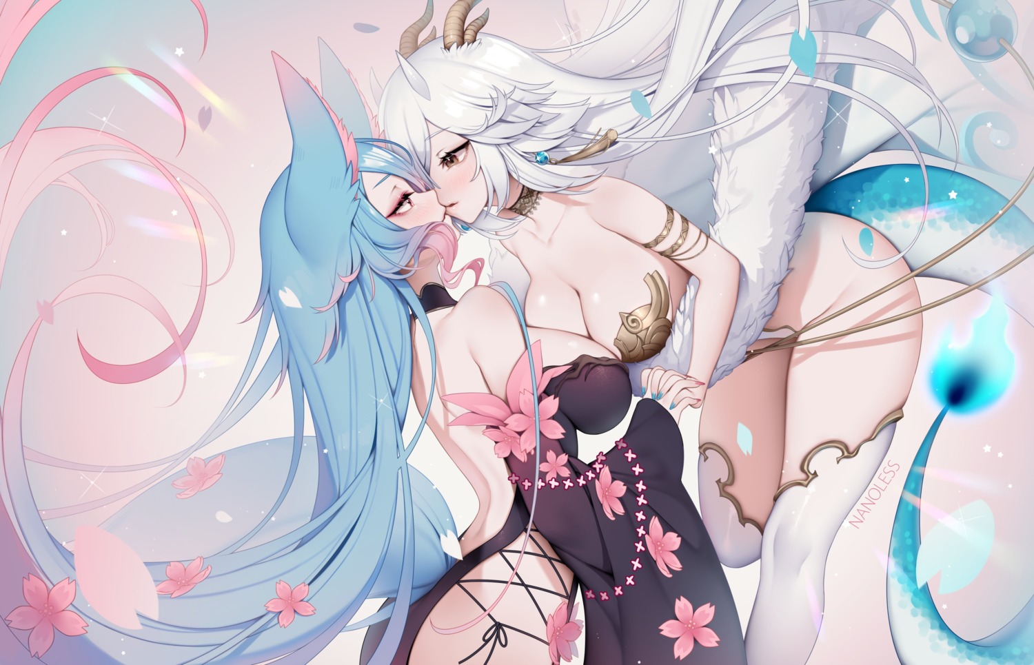 animal_ears dress horns leotard nanoless no_bra nopan silvervale symmetrical_docking tail thighhighs veibae vshojo yuri