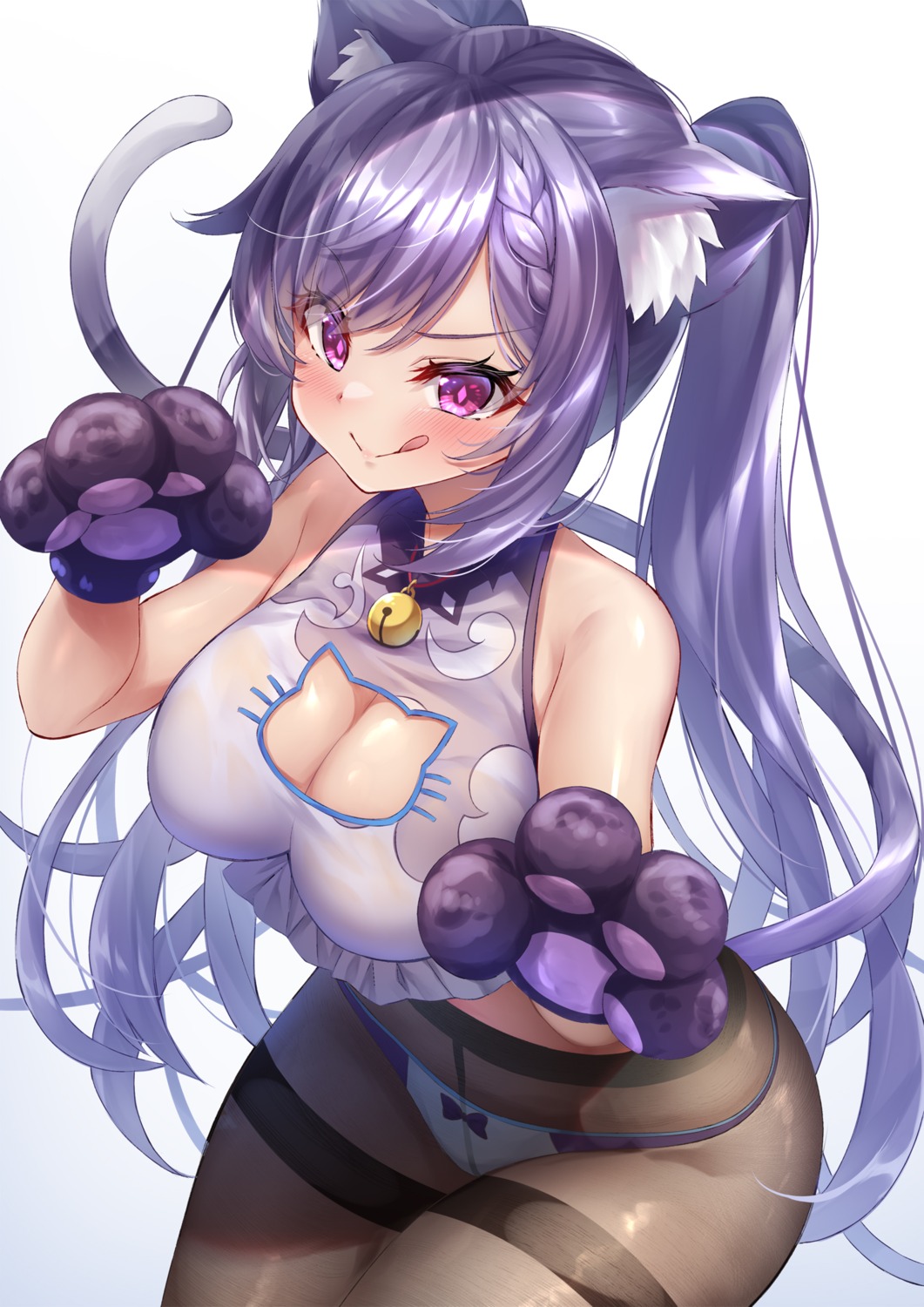 animal_ears genshin_impact henacho keqing nekomimi no_bra pantsu pantyhose see_through tail