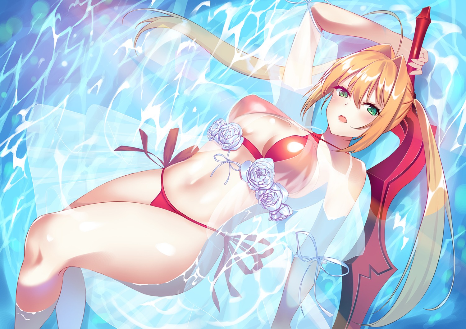 bikini fate/grand_order majin_(kiidoumajin) saber_extra see_through swimsuits sword wet
