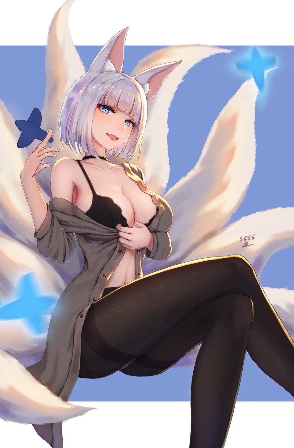 animal_ears azur_lane bra breast_hold cleavage kaga_(azur_lane) kitsune open_shirt pantyhose tail you_ni_ge_shaobing