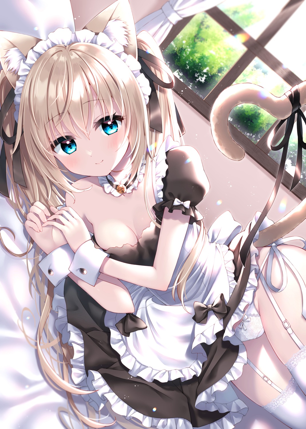 animal_ears maid nekomimi no_bra pantsu skirt_lift stockings string_panties tail thighhighs uchuuneko