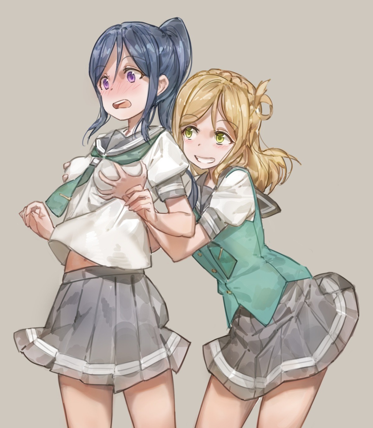 breast_grab free_style_(yohan1754) love_live!_sunshine!! matsuura_kanan ohara_mari seifuku yuri