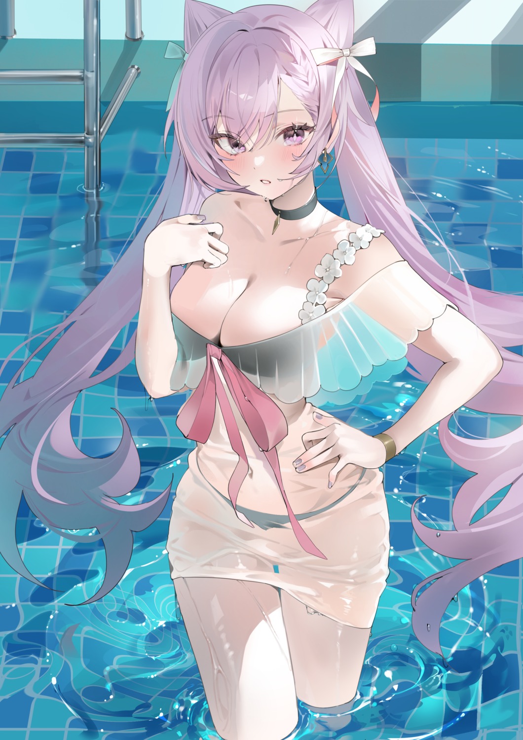 bikini buri_(retty9349) genshin_impact keqing see_through swimsuits wet