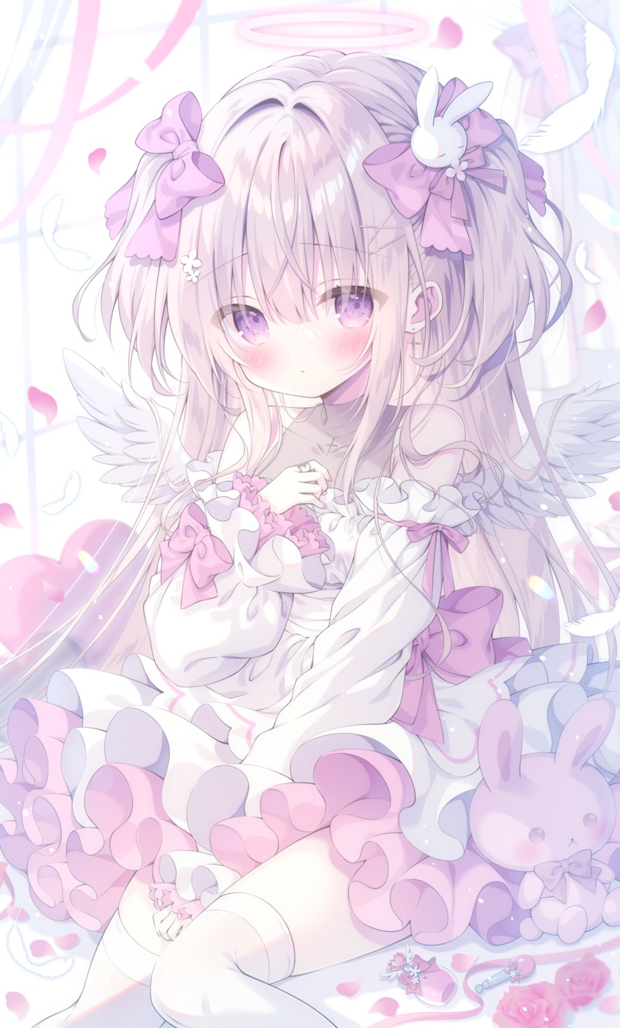 angel dress kamishiro_piyo no_bra see_through skirt_lift thighhighs wings