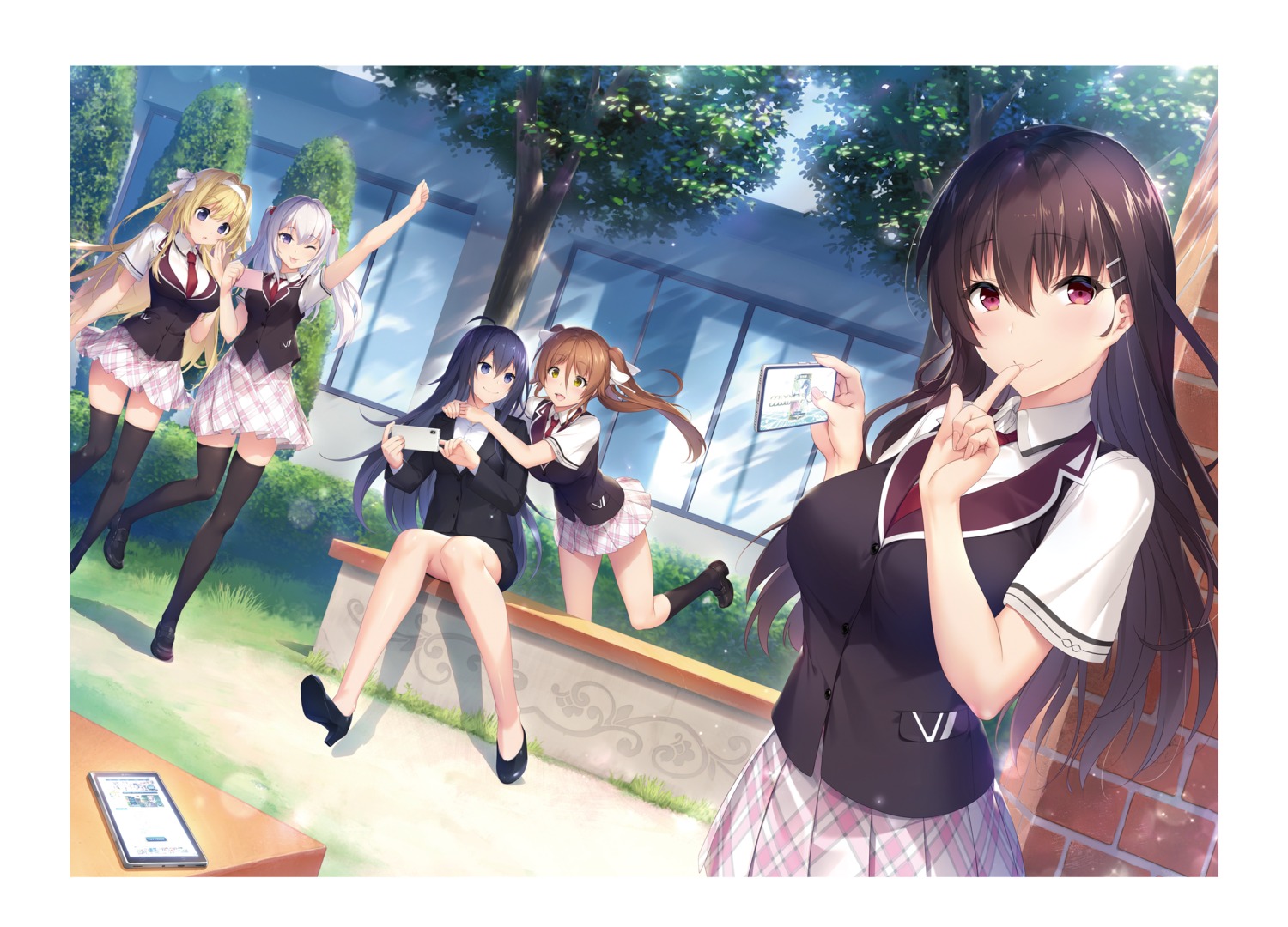 asamori_mitsuki boku_no_mirai_wa_koi_to_kakin_to._~charge_to_the_future~ business_suit heels kitami_rio kurebayashi_noe mahara_shiori marui niro nylon saionji_nana seifuku skirt_lift sonora thighhighs wataya_azusa