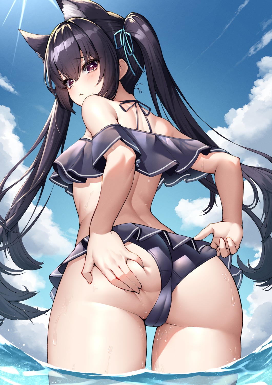 animal_ears ass bikini blue_archive cameltoe kuromi_serika loli nekomimi okayusonmu swimsuits wet