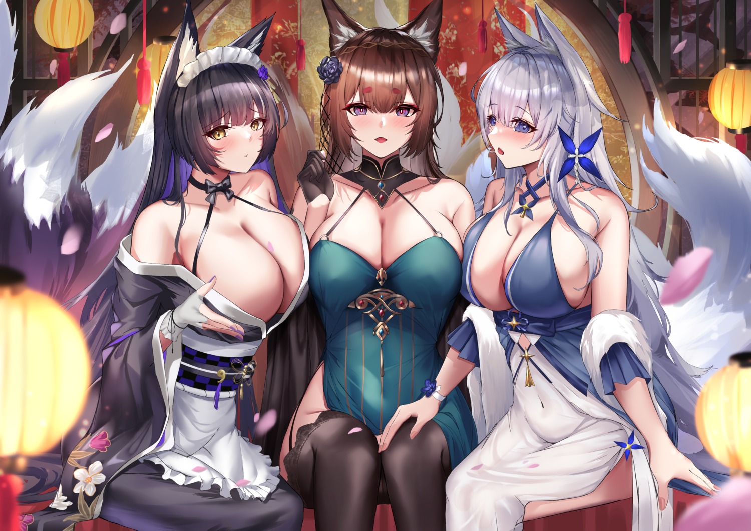 amagi_(azur_lane) animal_ears azur_lane dress kirisamede_gzr kitsune maid musashi_(azur_lane) no_bra nopan shinano_(azur_lane) stockings tail thighhighs wa_maid