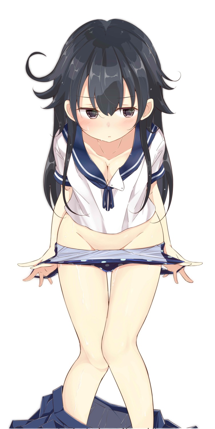 cleavage hamaken kantai_collection no_bra open_shirt panty_pull seifuku swimsuits undressing ushio_(kancolle)