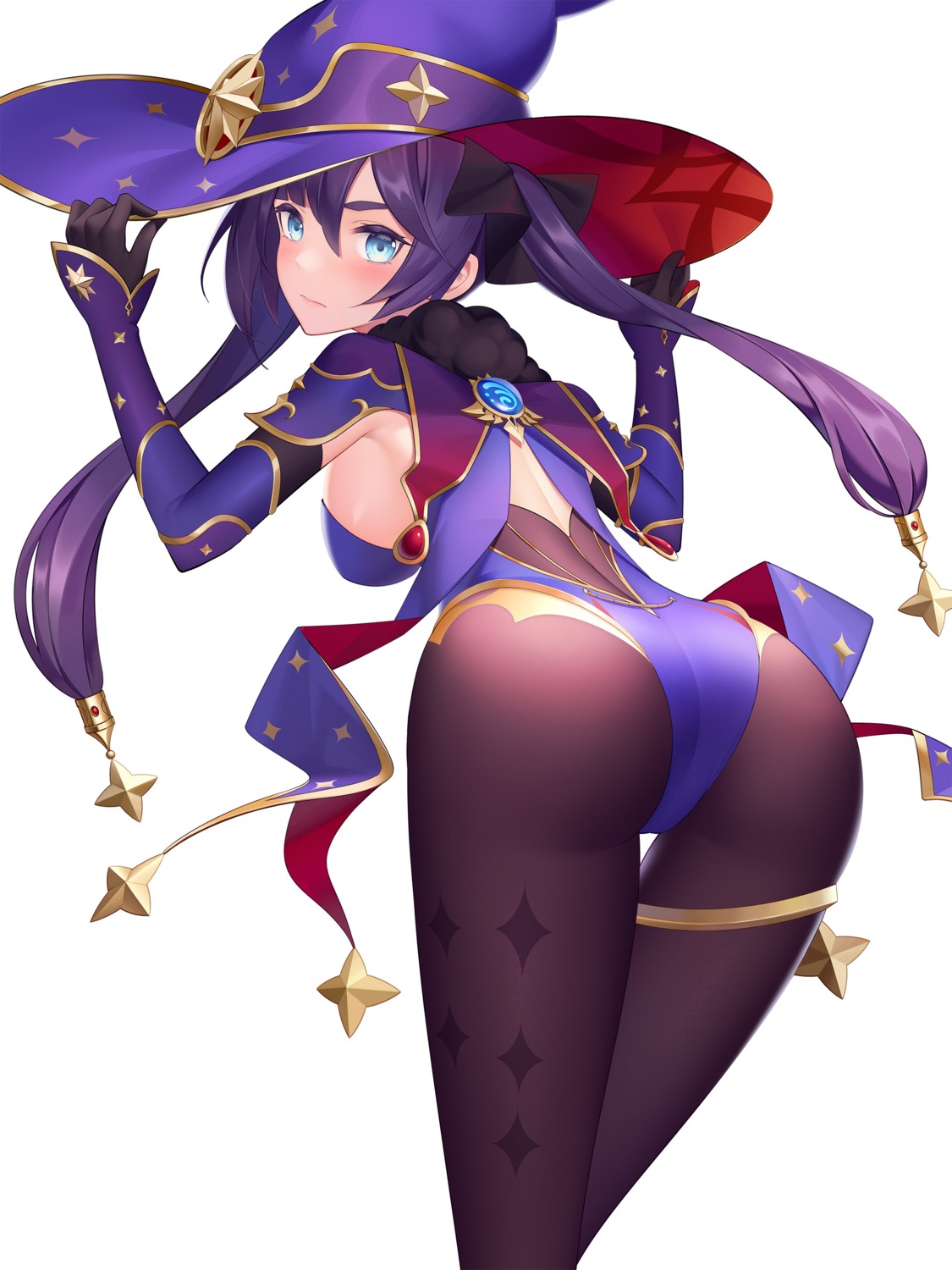 ass garter genshin_impact leotard mona_megistus negi3 no_bra pantyhose witch