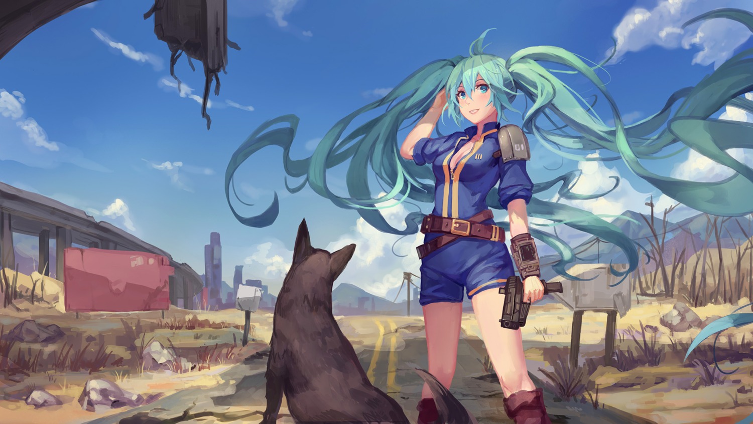 atdan cleavage fallout gun hatsune_miku open_shirt vocaloid