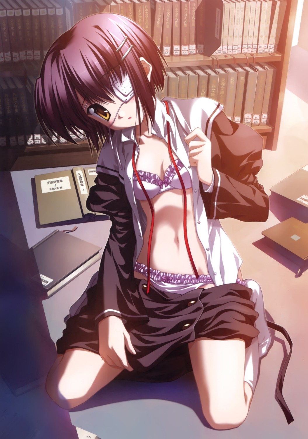 bra ef_~a_fairytale_of_the_two~ eyepatch nanao_naru open_shirt pantsu seifuku shindou_chihiro undressing