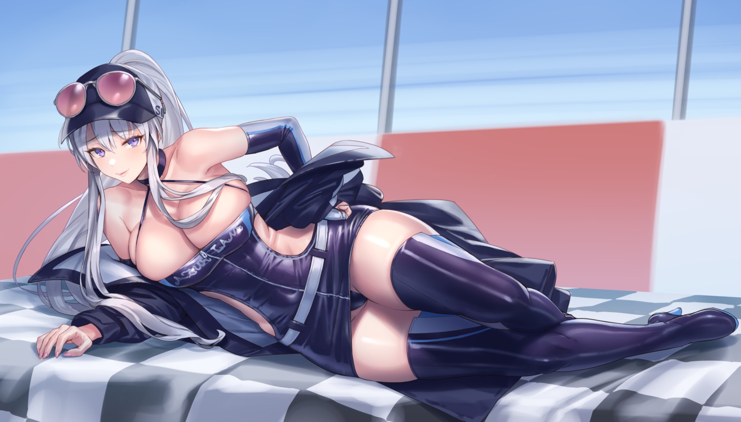 azur_lane cuboon enterprise_(azur_lane) heels megane no_bra pantsu skirt_lift thighhighs